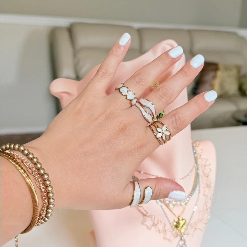 Gold Beaded and Chain Bracelet Set with White Enamel Ring - Picture 7 of 7